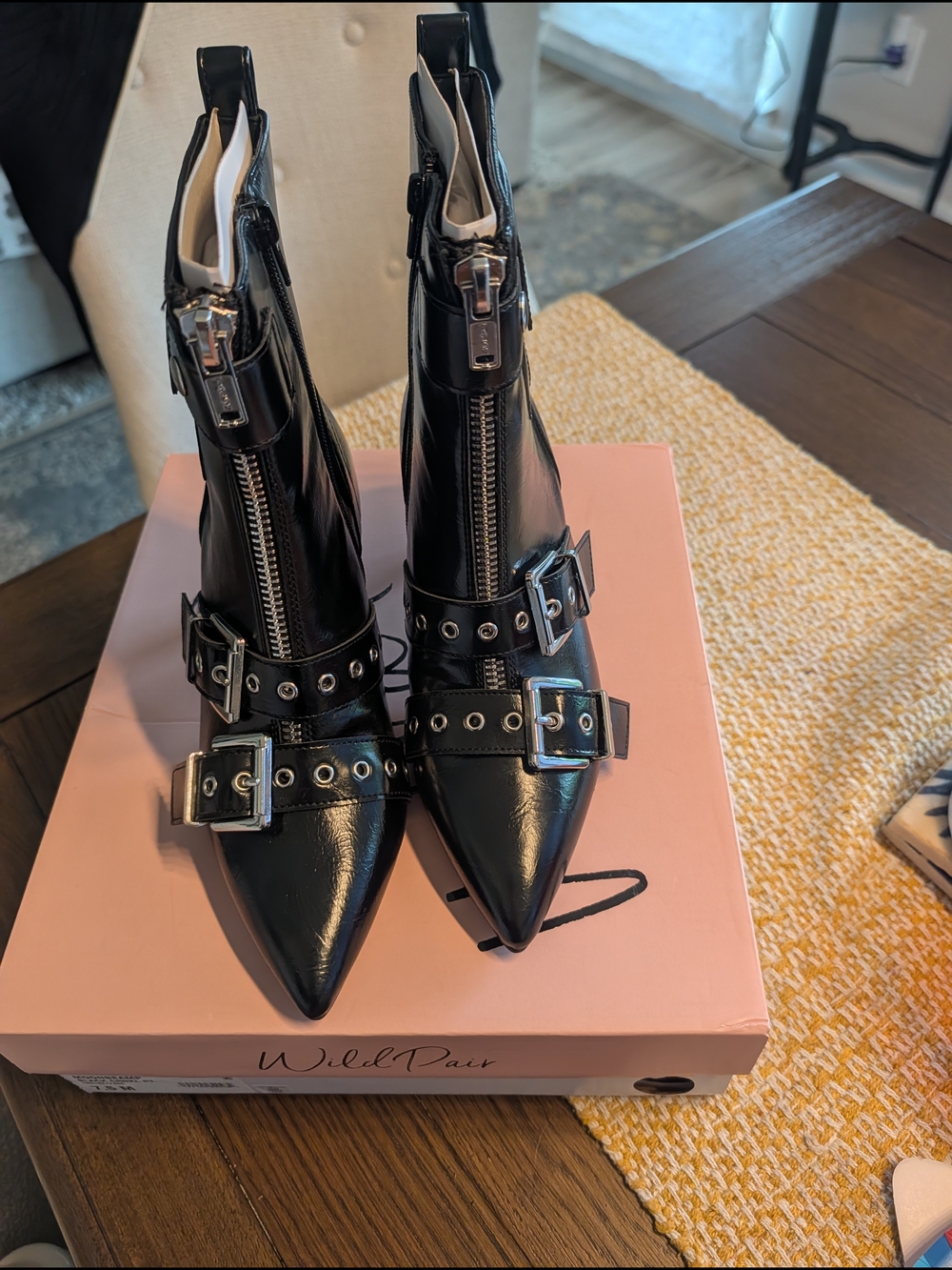 Wild Pair Black Patent Pointed Buckle & Zip Ankle Boots